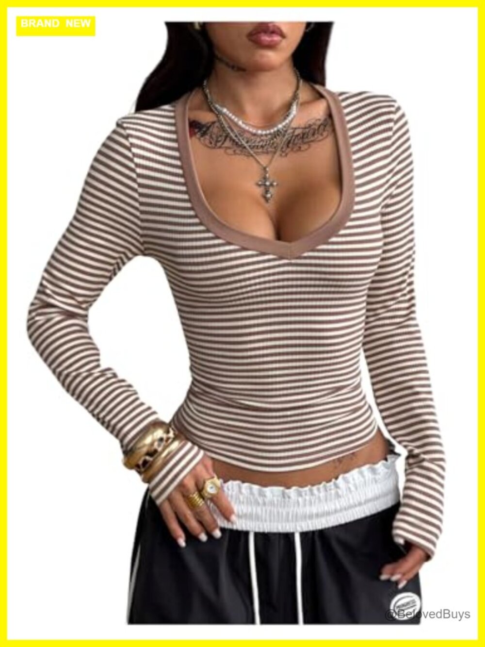 Striped Long Sleeve V-Neck Crop Tee Y2K Grunge Fitted Top